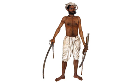 Kala au sabre tiré, détail d'une miniature indienne, 1816. Kala au sabre tiré, détail d'une miniature indienne, 1816.