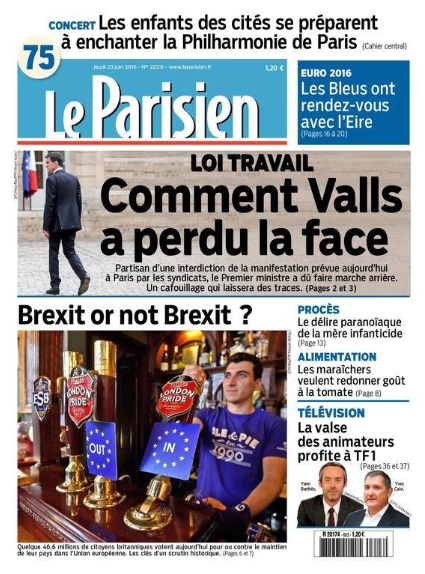 La Une du "Parisien", 23 juin 2016.