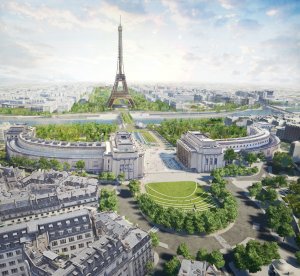Le projet finaliste pour le concours "Grand Site tour Eiffel", organisé par la Mairie de Paris, du cabinet d'architectes Gustafson Porter + Bowman : végétalisation et piétonnisation du pont d'Iéna et du quai Branly. Photo : Gustafson Porter + Bowman
