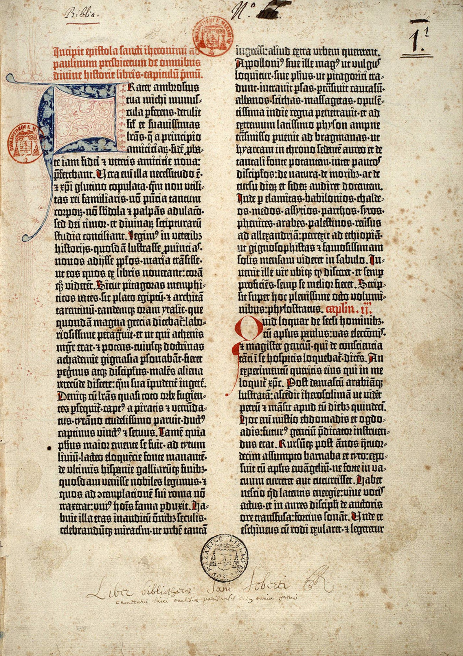Première page de la Bible de Gutenberg, imprimée en 1454 à Mayence Bianchetti/Leemage