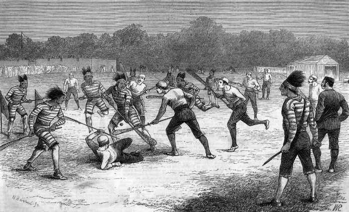 Partie de lacrosse entre colons et Iroquois, 1876